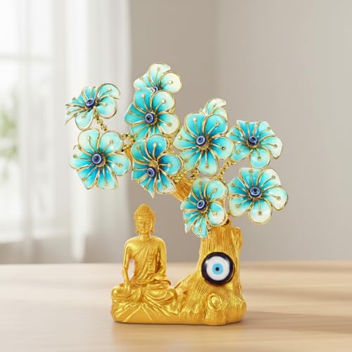 Image of eCraftIndia Tree of Life with Buddha Idol Flowers | Evil Eye Tree Showpiece (Sky Blue, Gold) Feng Shui Items for Good Luck Positive Energy Vastu Shelf Living Room Home Decor Gift for Housewarming