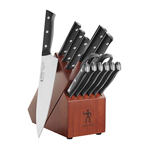 HENCKELS Everedge Dynamic 14 Piece Serrated Stainless Steel Knife Block Set - Professional Cutlery Set, Knives for Chopping, Slicing, Dicing & Cutting, Dishwasher Safe, Rubberwood in Brown by HENCKELS - Used condition - CA$82.04
