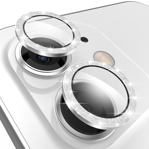 TENOC Camera Lens Protector for iPhone 11 & iPhone 12 & iPhone 12 Mini Silver Glitter Individual Metal Ring with 9H Tempered Glass Bling Sparkle Case Friendly Cover