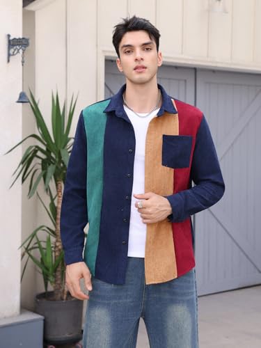 WDIRARA Men's Corduroy Button Down Long Sleeve Colorblock Shirt Collar Tops4
