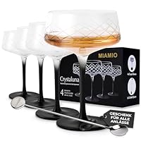 MIAMIO - 280 ml Coupe Gläser 4er Set mit Barlöffel, handgefertigte Kristall Cocktailgläser mit schwarzem Stiel, Cocktail-Gläser, Martini Gläser, Champagner Coupe Gläser - Crystaluna Collection