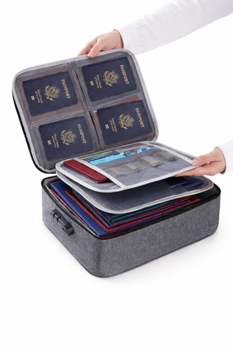 Image of Travel Document Organizer Bag with Lock, Waterproof Multilayer File Storage Case, Grey Oxford Cloth, 37x27x10 cm, for Certificates Passports Cards