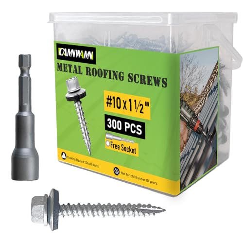 CAMNWAMN 300 Pcs #10 x 1-1/2 Inch Hex Head Metal Roofing Screws, Zinc Plated Sharp Point Sheet Metal Roof Screw with Rubber Washer, Self Tapping Metal to Wood Siding Screws, Hex Socket Included