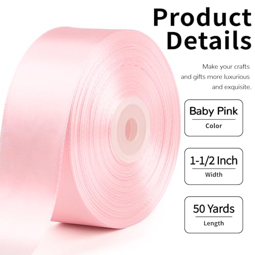 Image of Mauproy 1-1 /2 Inch Wide Baby Pink Satin Ribbon, 50 Yards Solid Polyester Fabric Ribbon for Roses Making, Gift Wrapping, Flower Bouquets, Wedding Decorations, Handmade Crafts