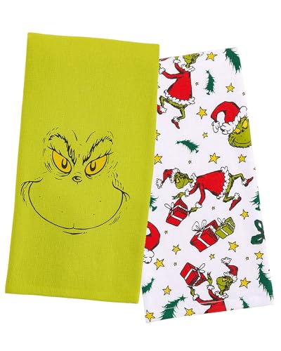 MJC Dr. Seuss The Grinch Dish Towel Holiday Motif Grinch Face 2-Pack Kitchen Towel Set