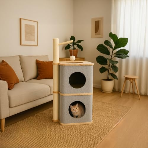 Image of Nara Cat Tower with Scratching Post - Dual-Level Cat House Condo with Felt Hideouts, Sisal Scratch Pole & Hanging Toy - Minimalist Cat Tree for Indoor Cats