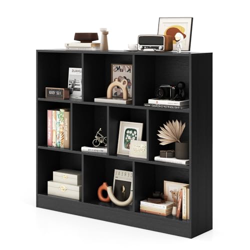 KOMFOTTEU Estantería Abierta con 10 Compartimentos, Librería de 3 Niveles con Dispositivo Antivuelco, Mueble de Almacenamiento para Salón, Oficina (Negro, 120 x 24 x 104 cm)