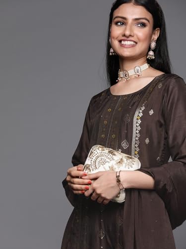 Image of Libas Womens Embellished Silk Blend Straight Kurta With Trousers and Dupatta