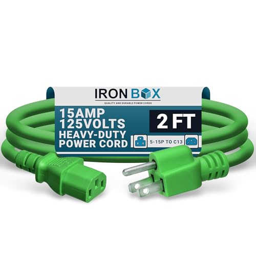 Image of IronBox Electric - Heavy-Duty 5-15P to C13 Power Cord - 3 Prong 15A 125V 14 /3 SJT PC Cable - Cord for Computer, Monitor, Subwoofer, Amplifier - Cable for Power Supply - (Green 2 Foot)
