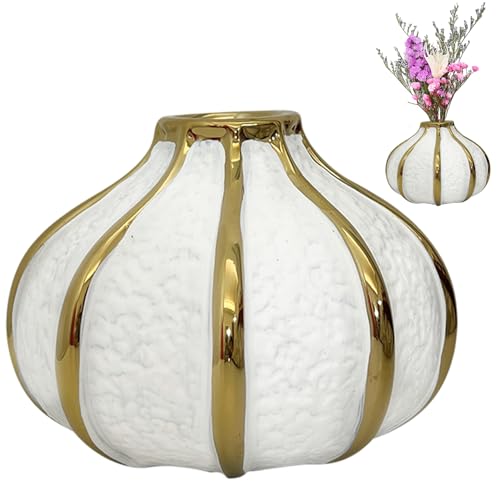 Vaso redondo, vaso de cerâmica branco e dourado, porta-boutique e...