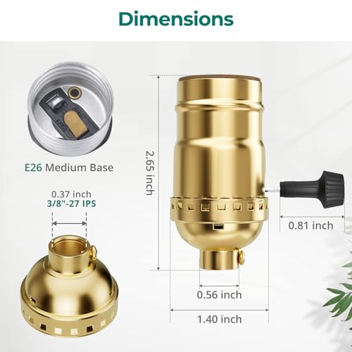 Image of DiCUNO UL Listed 3-Way Lamp Socket Replacement, E26 Standard Threaded Base Light Socket, Turn Switch Knob for Low-Medium-High Light Settings, Table, Floor Lamp Repair Kit, 2-Pack, (Gold)