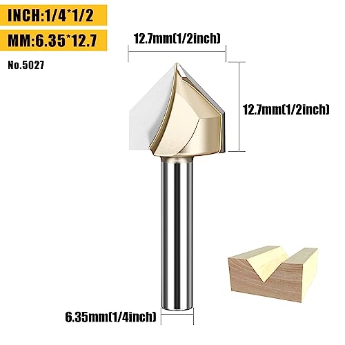 Huhao Router Bits V-Groove Bit With 90-Degree 1/2-Inch Cutting Diameter Cnc Engraving Tool V Grooving Bit With 1/4" Shank For Composition Materials, Plywoods, Hardwoods, And Softwoods 5Pcs #TOP1