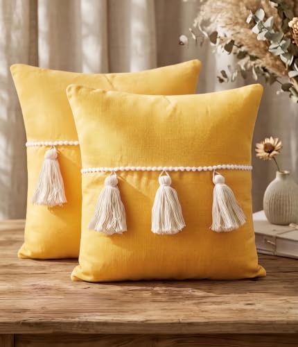 Image of Bird Wing |Set of 2 Sunflower Yellow Colour Decorative Cotton Cushion Covers with Tassels Luxury Pillows Bedroom Bed Decor Covers Sofa Tassel Cushion Cover 30x30 cm 12x12 Inch,