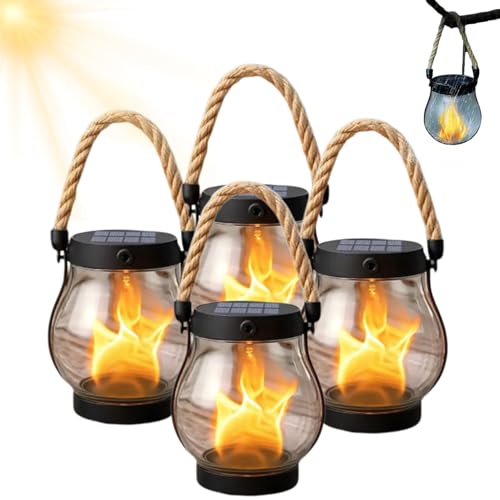 Kaliqo Solar Lantern Outdoor Lights, Dancing Flame Solar Lantern Outdoor Lights, 100% Waterproof & Weatherproof, Hemp Rope Flame Lamp for Garden Yard Decorations, Actually Brightens Your Space (4pcs)