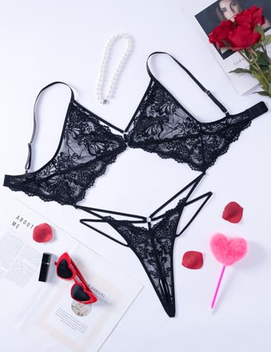 Avidlove Sexy Lingerie for Women Deep V Lace Teddy Cutout One Piece Bodysuit Mini Babydoll Black S