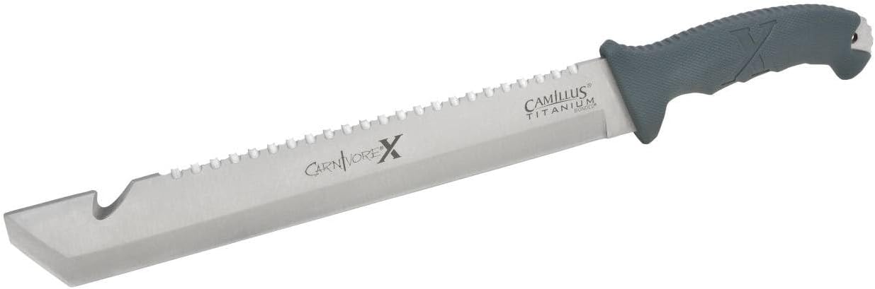 Camillus Carnivore X 18" Machete – Titanium Bonded 12” Blade & Saw Back, Full Tang, Gray Handle, Trimming Knife & Nylon Sheath for Camping & Brush Clearing