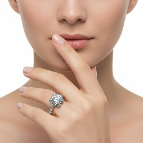 Image of 55Carat Choose Your Gemstone 6 Petal Ring Yellow Gold Plated Round Shape Halo Engagement Rings Well Shaped for Any Gift Giving Occassion Modern Style Enchating Women US Size 4 to 12