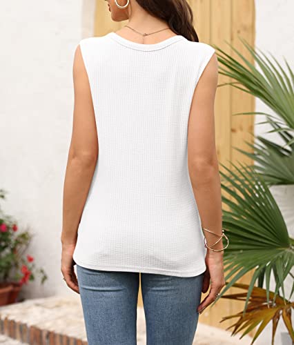 Tank Tops For Women Cotton Workout Waffle Knit V-Neck Summer Casual Sleevelss Shirts White #TOP4