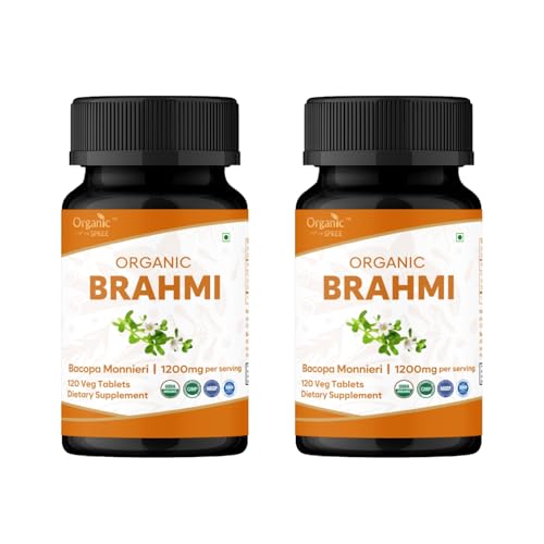ORGANIC SPREE Brahmi 120 Tablets - USDA Organic Brahmi (Bacopa monnieri) Supplement Supports Memory Focus & Daily Wellness* - Pack of 2