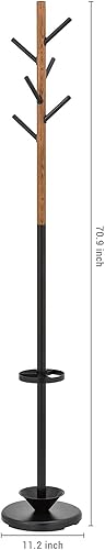 Miniatura 5 de MyGift Perchero de entrada de metal independiente y soporte para paraguas con base redonda resistente y 6 ganchos de madera sintética