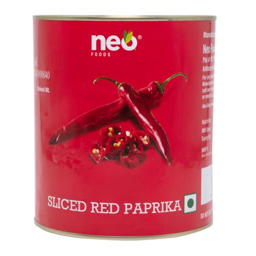 Image of Neo Sliced Red Paprika 3 Kg Tin I Ready-to-Eat Fibre-Rich Topping for Snacks and Salads I Enjoy as Topping for Pizza, Salad, Burger and Sandwich I Mix in Your Cheese dip for Spicy Touch I