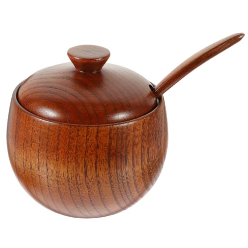 BRIGHTFUFU Wooden Condiment Pot with Spoon and Lid Versatile Seasoning Jar for Kitchen for Storing Spices Sauces and Dips for Home and Outdoor Use