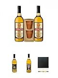  Doppelter Wikinger 2 x Original Met ohne roten Wikinger & 2 Met Becher + Honig Met lieblich 0,75 Liter + Wacken Met 0,75 Liter + Schiefer Glasuntersetzer eckig ca. 9,5 cm Durchmesser