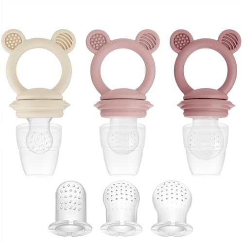 Image of PandaEar 3 Pack Fruit & Food Feeder Pacifier, Silicone Feeder Pacifier with 3 Sizes Pouches (Pink/Linen)