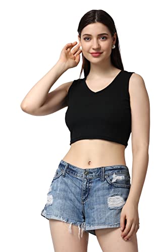 Image of POPWINGS Casual Solid Ribbed Crop Top for Women || Sleeveless & V-Neck Crop Tops for Women Black