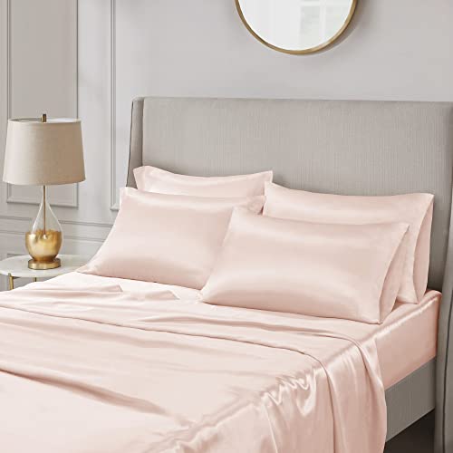 Madison Park Essentials Satin Sheet Set Luxury And Silky With Natural Sheen, Premium 16" Deep Pocket, All Around Elastic - Year-Round Bedding, Full, Blush, 6 Piece #TOP2