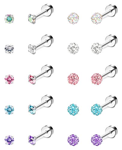 Jstyle 10Pairs 18G Ear Stud Earrings for Women Stainless Steel Cubic Zirconia Earrings Tragus Cartilage Piercing Barbell Screwback Earrings Set 3MM