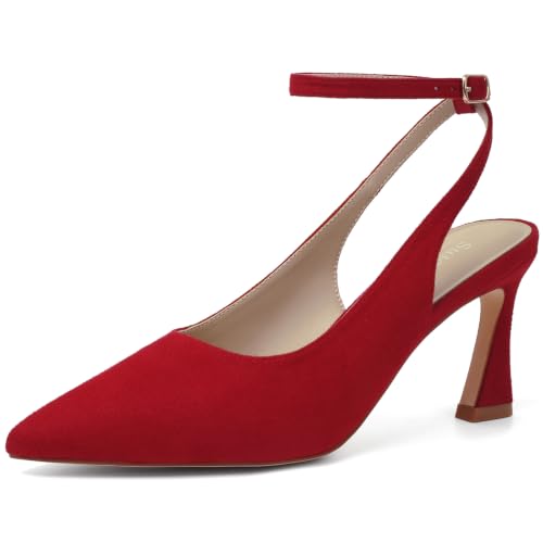 Image of Susanny Slingback Kitten Heels Elegant Dressy Pumps for Women Closed Pointy Toe Sexy Chunky High Heels Wedding Bride Prom Party Dress Shoes