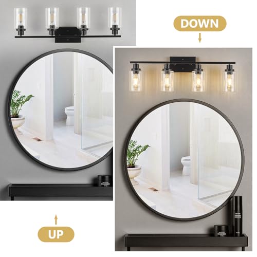 Image of Jonsi Modern Black Bathroom Light Fixtures, 4-Light Modern Black Vanity Light, Bathroom Vanity Light with Stripe Glass Shade, E26 Wall Sconces Over Mirror for Bathroom, Living Room, Hallway