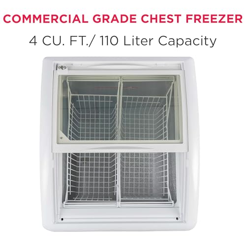 Image of Frigidaire Commercial Chest Freezer for Ice Cream and Frozen Foods, Store Displayer, Glass Top Storage Case, 4 Cu. Ft. Bin, Rolling Caster Wheels, Adjustable Temperature, Energy Efficient Cooling