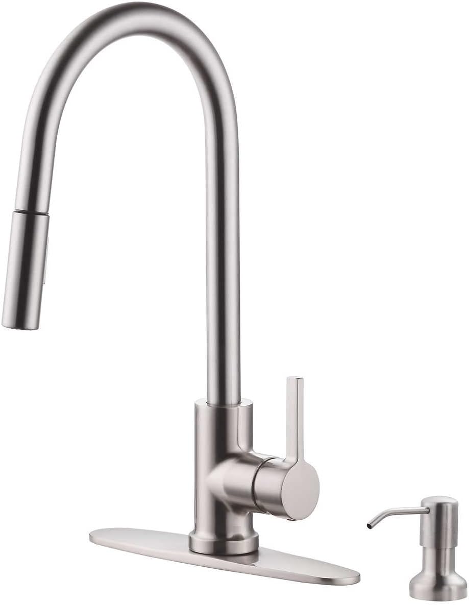 Close-up of the single-handle kitchen faucet and a matching soap pump.