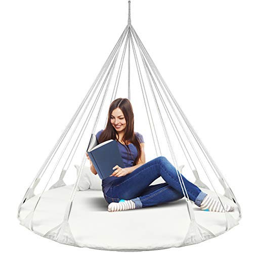 Sorbus 56" Stylish Hanging Swing Nest - Premium Cotton Double Hammock Daybed Saucer Style Lounger Swing - 264Lbs Sturdy Spinner Tree Swing W/Pillow - Easy Setup - For Indoor/Outdoor, Travel - White #TOP6