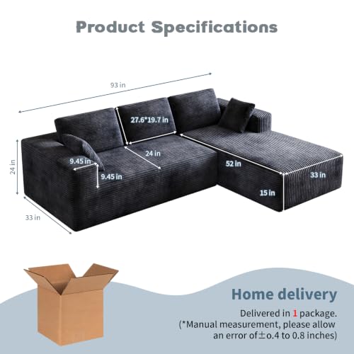 Image of 93 inch L-Shaped Modular Sectional Sofa with Chaise, Boneless Corduroy Cloud Couch with Deep Seat and Oversized Comfort, Flexible Module Combination for Living Room, No Assembly Required