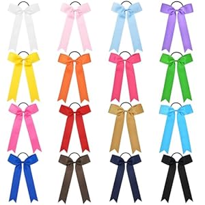 DEEKA 16 PCS Multi-colored Collegiate Style Cheer Bows Long Tail Skinny Cheer Bow Ponytail Holder Handmade Hair Accessories for Girls Teens Softball Cheerleader Sports -Multicolor