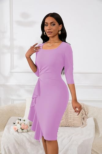 Image of Womens 1950s Vintage Bodycon Dress 3 /4 Sleeve Square Neck Cocktail Pencil Sheath Midi Dress Elegant