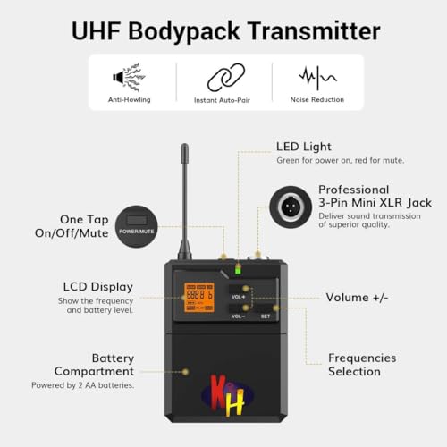 Image of kh UHF All-in-One Wireless Microphone System, 100ft Long Range Clip-On Lavalier & Headset Mic, Waist Pack Transmitter with Receiver for Karaoke, Church, Speech & Public Speaking (Duel Headset)