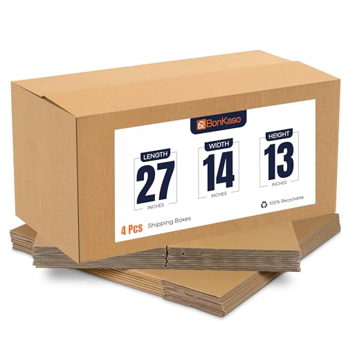 Image of BonKaso Blueprint Premium Eco-friendly 5 Ply Corrugated Packing Box for Secure Shipping, Moving, Courier & Goods Transportation, Brown, 27x14x13 Inches - (Pack of 4)