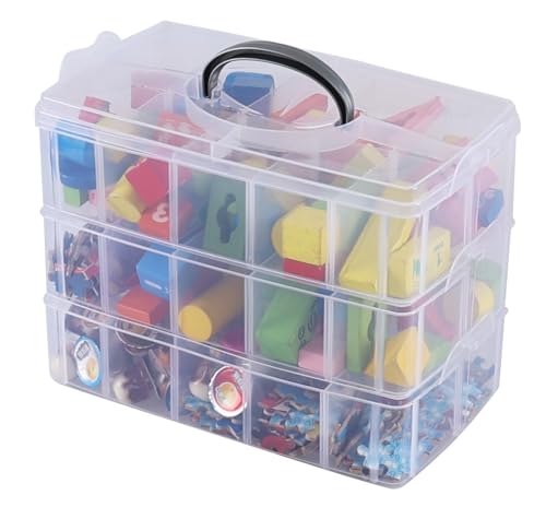 Image of 3 Tier Plastic Craft Storage Bins, Clear Craft Storage Box with 30 Adjustable Compartments