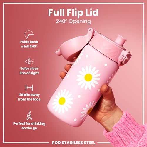Ion8 Lightweight Stainless Steel Kids Water Bottle, 400ml/13oz, Non-Insulated, Leakproof, Effortless to Open, Secure Lock, Dishwasher Safe, Fits Cup Holders, Carry Handle, Metal Water Bottle, Rose, Daisies - Image 4