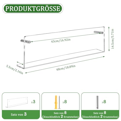 Dewonme Acryl Zeitschriftenregal,3 Stück,Länge 48cm,Prospekthalter Acryl Wand,Wandregal Acryl,Bücherregal,Zeitschriftenständer,Geeignet für Wohnzimmer, Büro,Schulen,Bibliotheken,Kinderzimmer