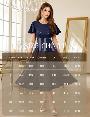 HomRain Navy Midi Cocktail Dress Women Wedding Guest A-Line Flare Sleeve Boat Neck Dresses Holiday Evening Gowns Sequin Mother of The Bride Navy XL — view 6
