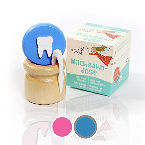 Amazy Porta dentini da latte (incl. PINZETTE e LETTERA FATINA) – Scatoletta porta dentini in legno con tappo a vite per conservare i denti da latte e lettera per la fatina (Piccolo|Blu)