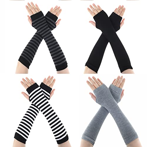 WLLHYF Guantes sin dedos para cosplay, calentadores de brazos 4 pares Kawaii color negro longitud larga codo cálido manga a rayas gótico ropa gótica accesorios para otoño e invierno mujer Talla única