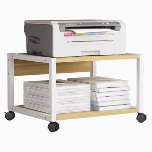 Soporte rodante de 2 niveles de alta resistencia para impresora con ruedas con bloqueo, carrito móvil para impresora para espacios pequeños, estante industrial para debajo del escritorio, acabado en