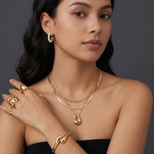 Image of Jewelry Set for Women with Multi Layer Necklaces Bracelets Hoop Earrings Set Stackable Knuckle Rings, 14k Gold Plated Jewerly Set for Everyday Styling and Gifting