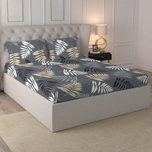 Image of LOOMLYFE 300 TC Cotton Feel Glace Cotton Elastic Fitted Printed Queen Size Double Bed Bedsheet with 2 Pillow Covers Fits Upto 8 inches,Size- 60x78x10 Inches, Grey Leaves